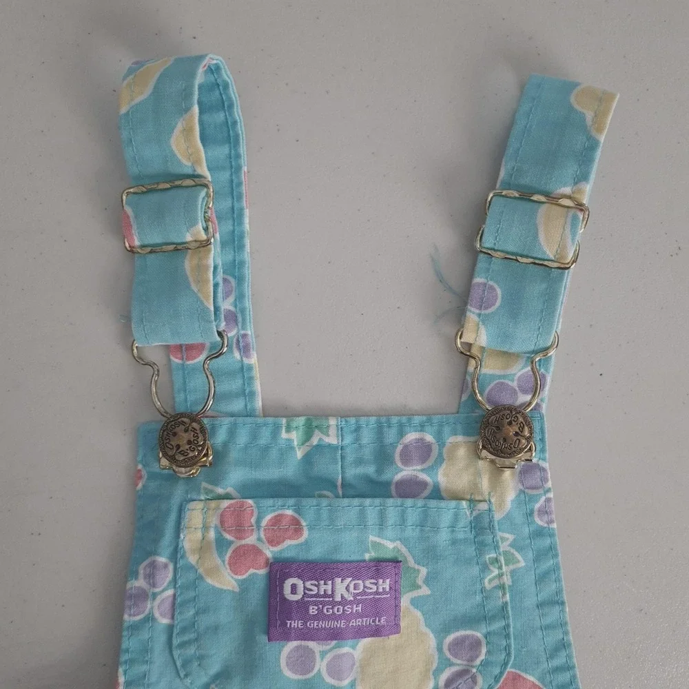 Vintage OshKosh Bgosh Shortalls Girls 5 Blue Pastel Fruit Print Vestbak USA 90s